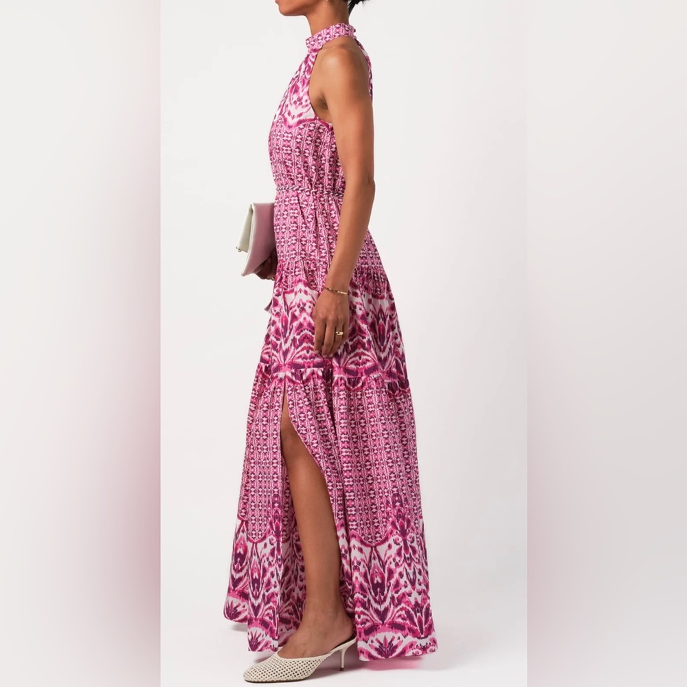Pink Patterned Maxi Brigitte Dress. 100% Cotton. Tie Neck Detail. Self Belt.